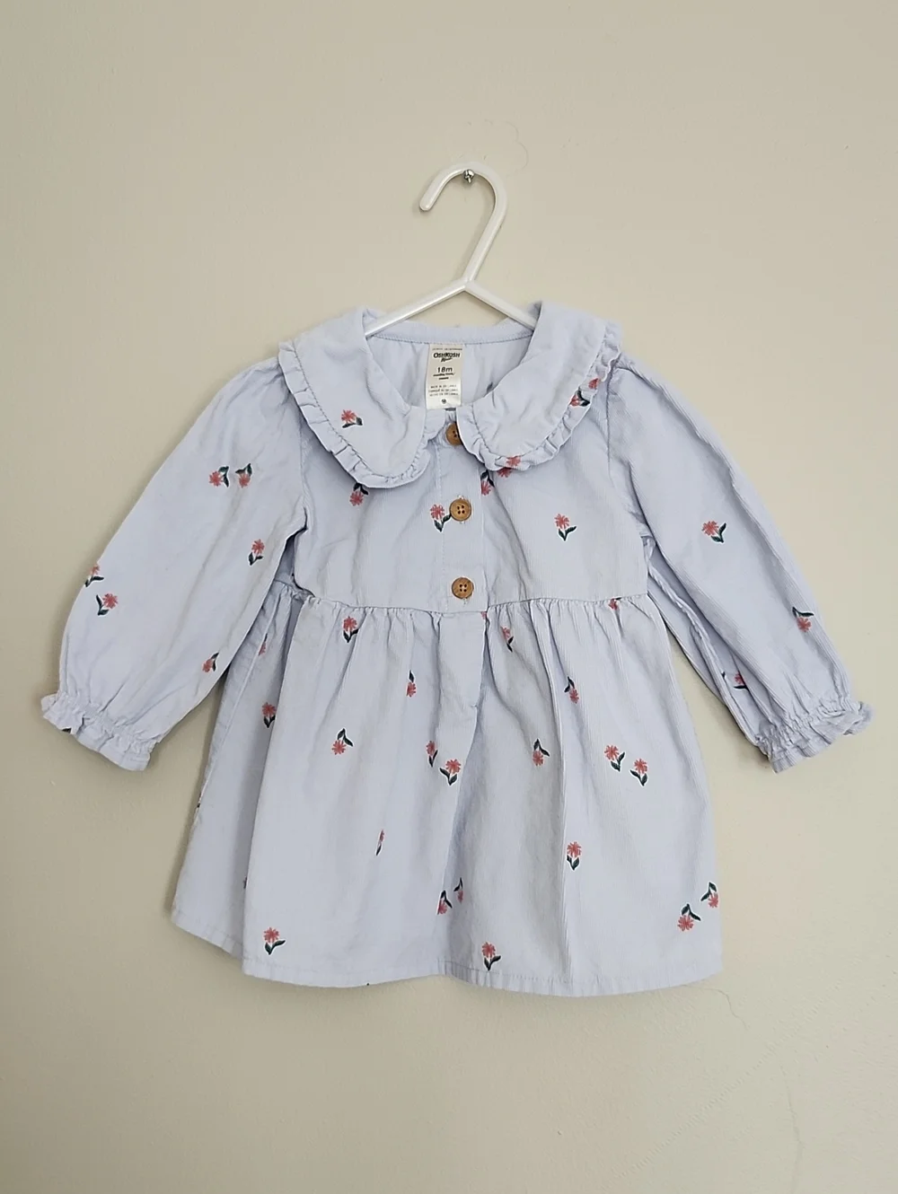 OshKosh Light Blue Corduroy Floral Dress with Ruffled Peter Pan Collar, 18M